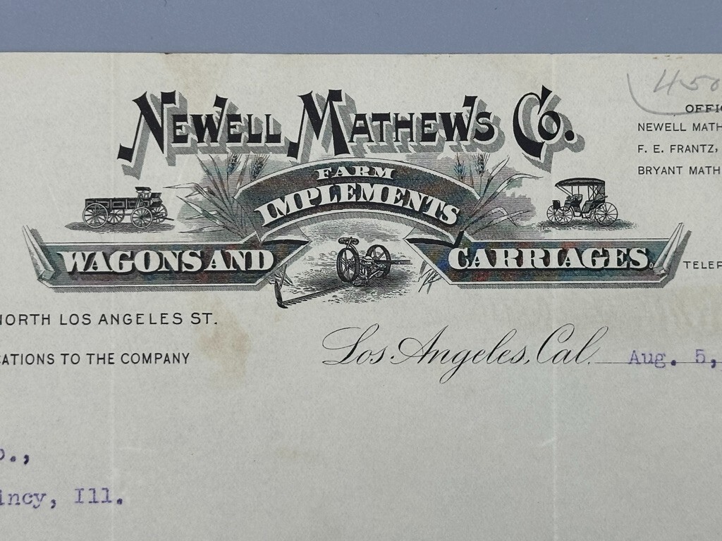 1904 Newell Mathews WAGONS Carriages FARM IMPLEMENTS Advertising LOS ANGELES