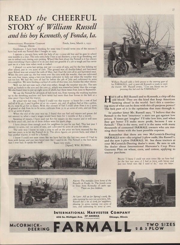 1932 INTERNATIONAL HARVESTER TRACTOR FARMALL MCCORMIC DEERING AGRICULTURE17228