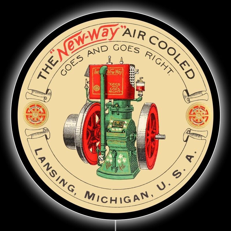 NEW WAY Gas Engine of Lansing, Michigan LED Hanging Lighted Sign: 36″ Dia. Round