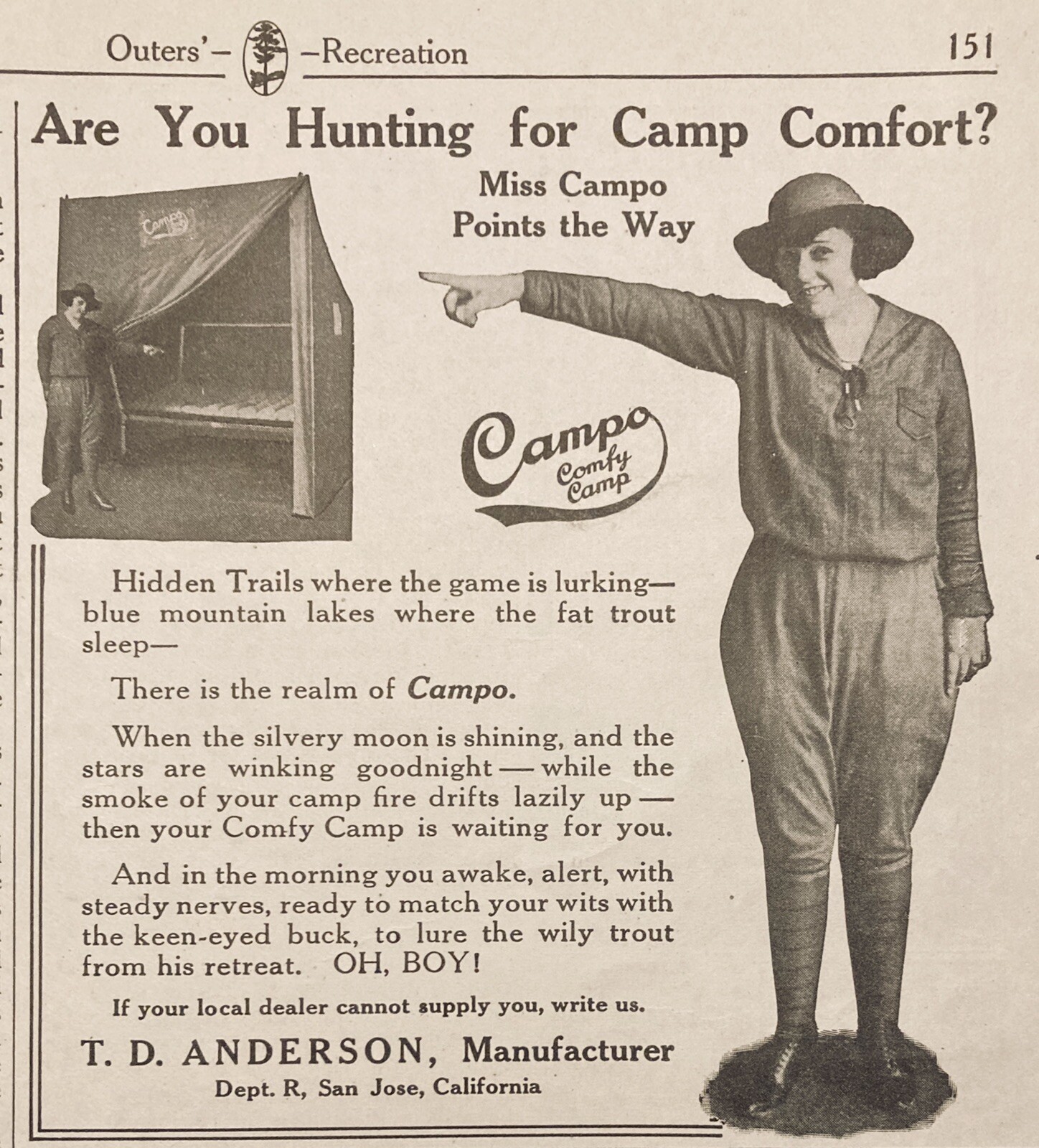 1921 AD.(XG4)~T.D. ANDERSON MFG. CO. SAN JOSE, CA. CAMPO COMFY CAMP TENT