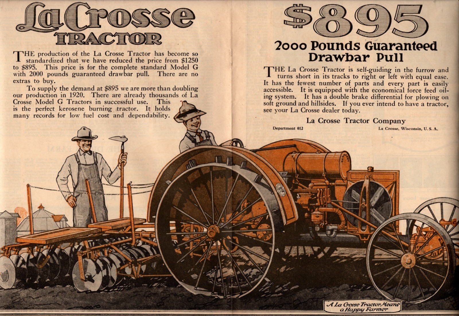 1920 La Crosse 2 page original Tractor ad – Scarce