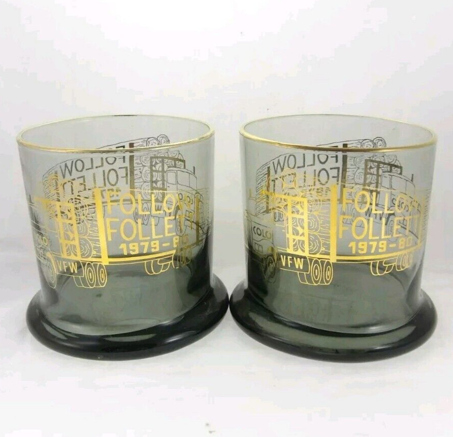 2pc Set ‘Follow Follett’ Colorado VFW Logging Trucking Advertising Rocks Glasses