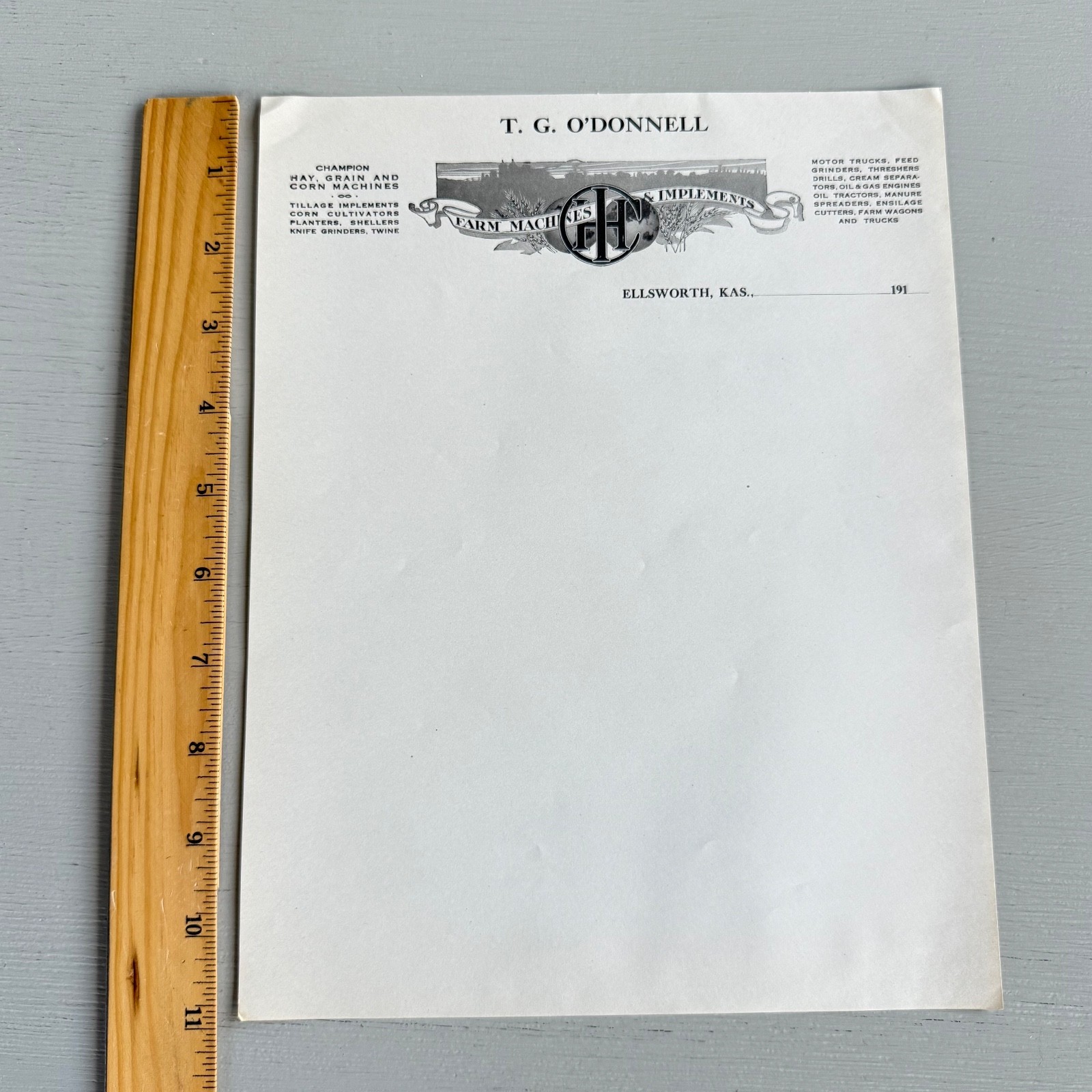 3 Vintage T.G. O’Donnell Letterhead Advertising Ellsworth KS Farm Implements