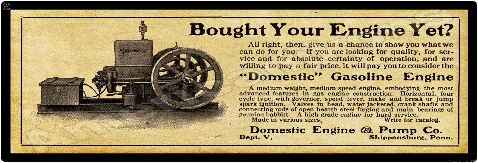 1914 Domestic Engine & Pump Gas Engine Metal Sign: Shippensburg, PA – 6″ x 18″