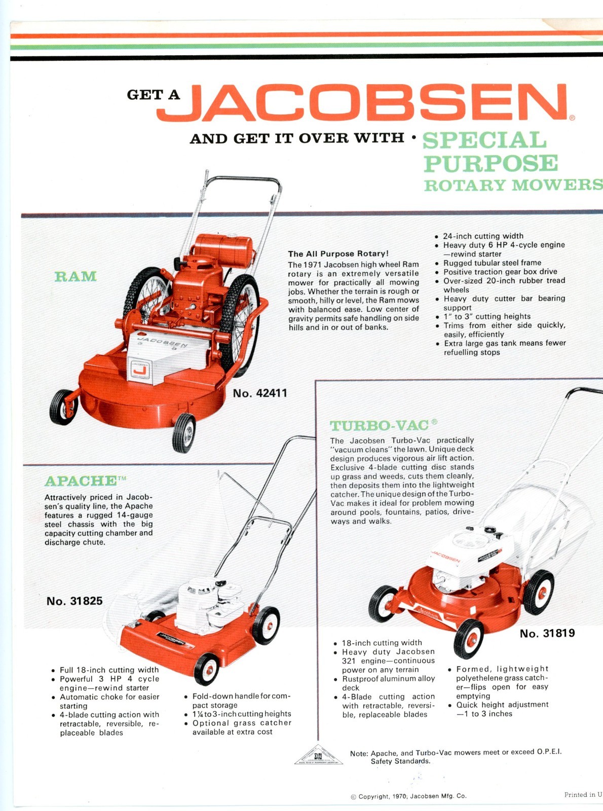 1971 Jacobsen Ram Apace and Turbo-Vac lawn mower brochure Jacobsen Man’f Co