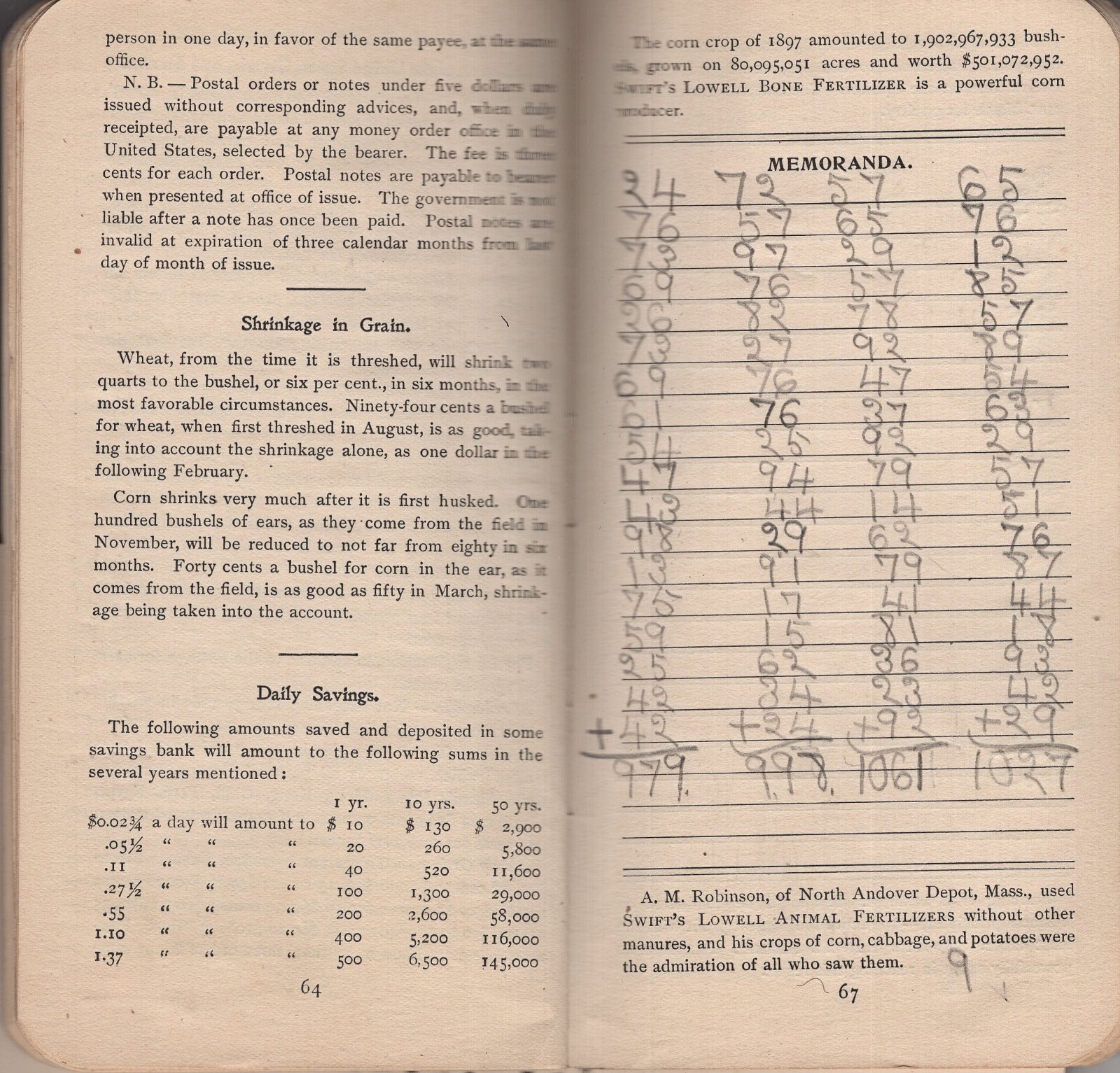 1899 Swift’s Lowell Animal Farm Fertilizers Adv. Book + Pocket Memo 96p.