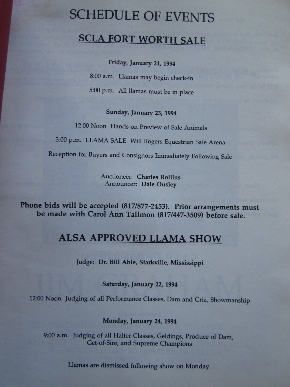 1994 SCLA FORT WORTH TEXAS LLAMA SCHEDULE SALE CATALOG BOOK