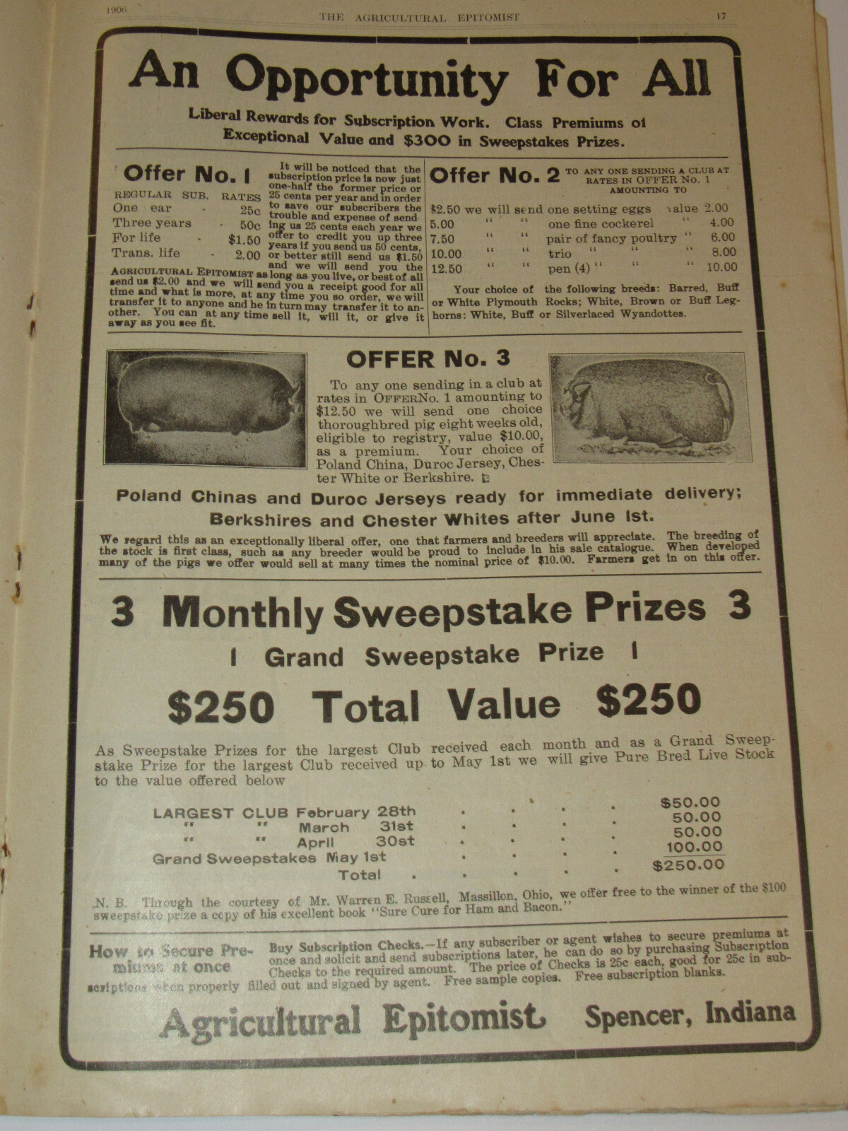 5 VTG 1906-07 ‘AGRICULTURAL EPITOMIST’ MAGAZINES! ONLY PAPER PRINTED ON A FARM!