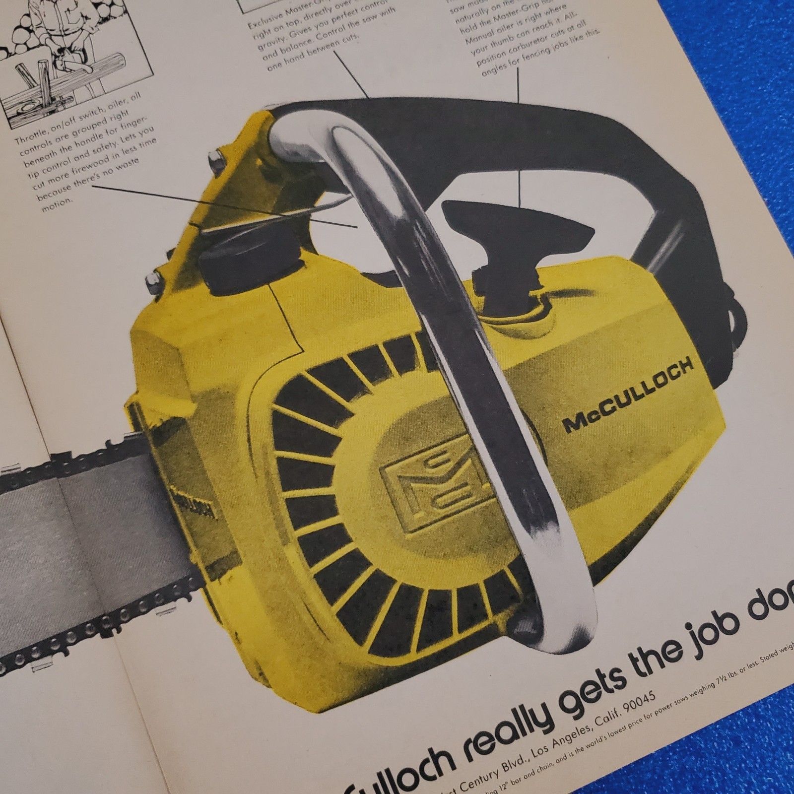 1970 McCULLOCH MINI MAC 6 CHAIN SAW ORIGINAL 2 PAGE PRINT AD “GETS THE JOB DONE”