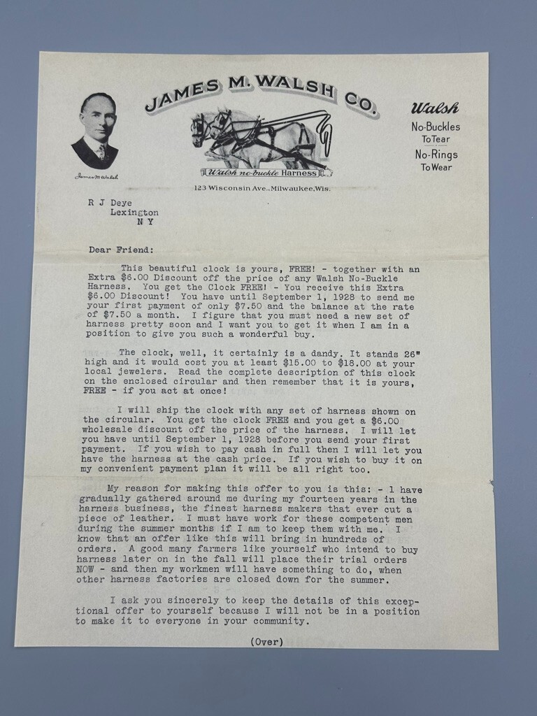 1928 James Walsh HORSE HARNESS Collars FARM Advertising MILWAUKEE Wisconsin