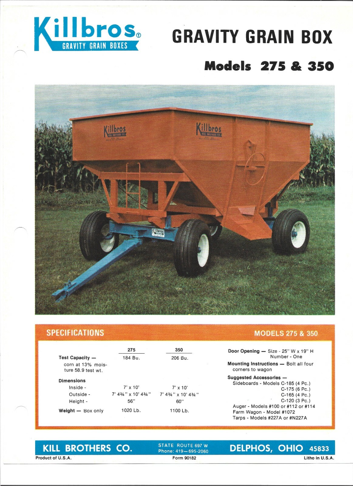 Original Killbros 275 and 350 Gravity Grain Box Sales Brochure Spec Sheet 90182