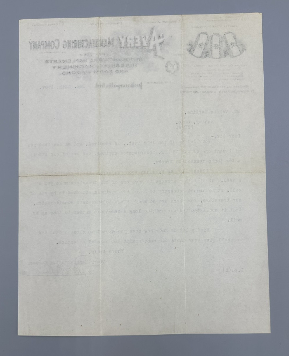 1907 AVERY Manufacturing Letter FARM Advertising INDIANAPOLIS Threshing WAGONS