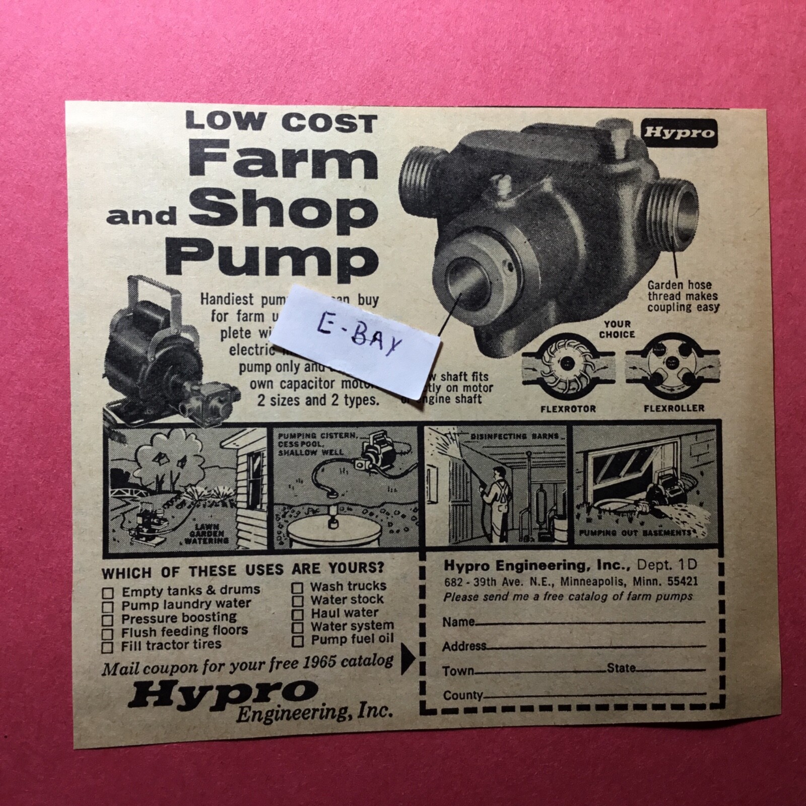 1965 Ad. Hypro Farm Shop Pump. Hydro Engineering. Minneapolis, MN.