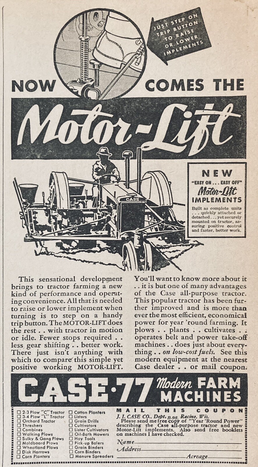 1935 AD.(XH19)~J.I. CASE CO. RACINE, WIS. MOTOR-LIFT TRACTOR IMPLEMENTS