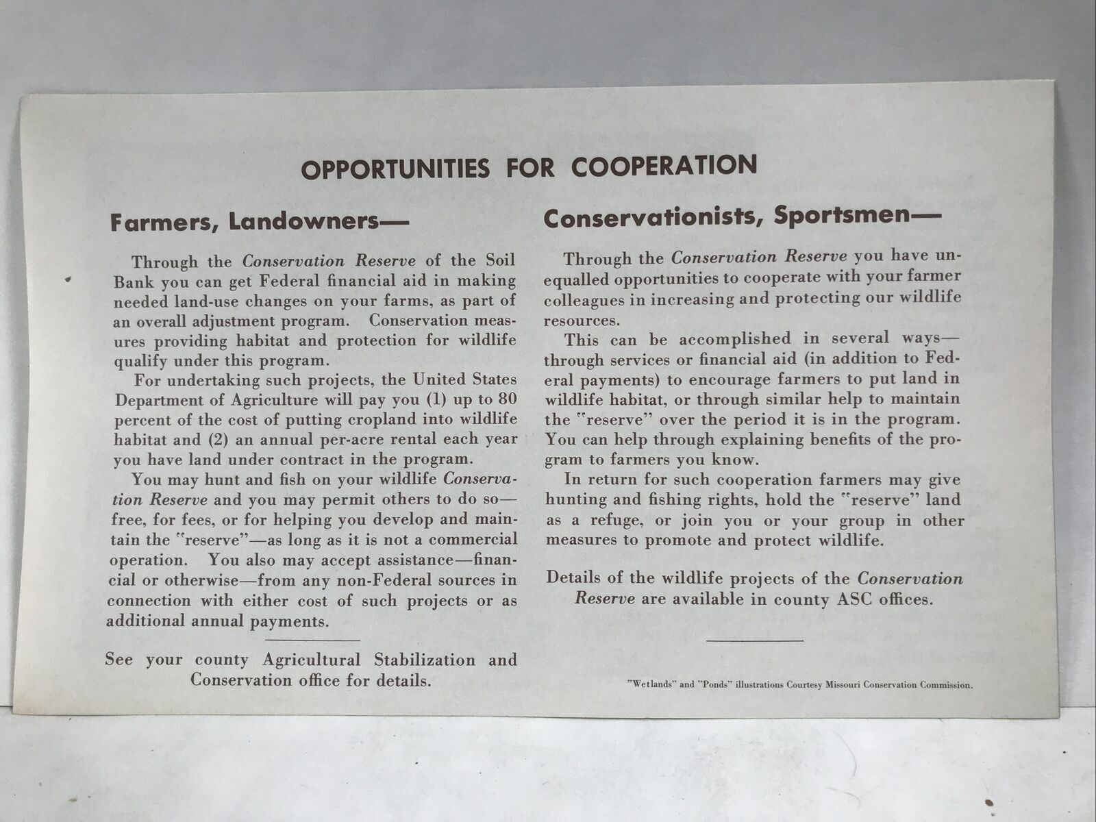 1958 WILDLIFE IN THE CONSERVATION RESERVE USDA PA 361 Habitat Wetlands Ponds