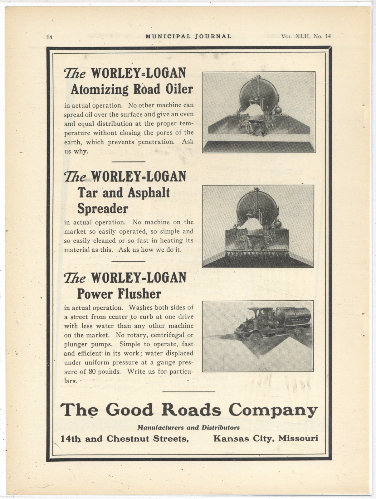 1917 Good Roads Co. of Kansas City Ad: Worley Logan Road Equipment Pictured