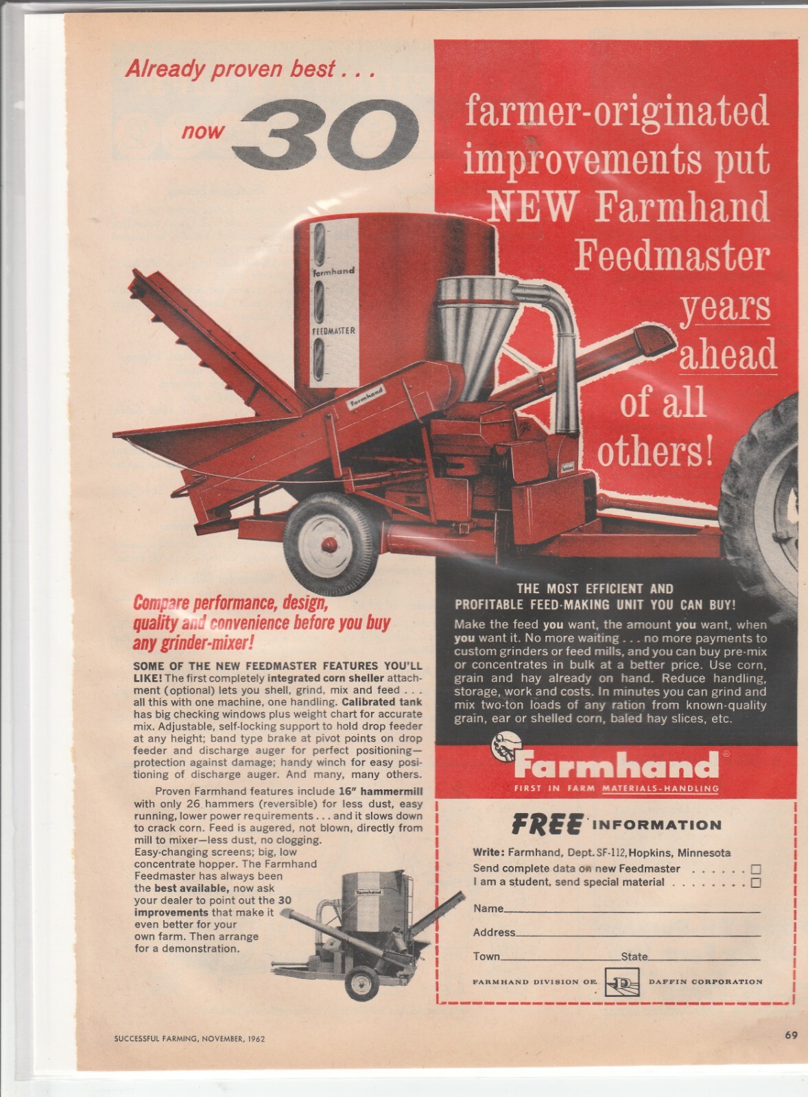 Original 1962 Farmhand Feedmaster Magazine Ad