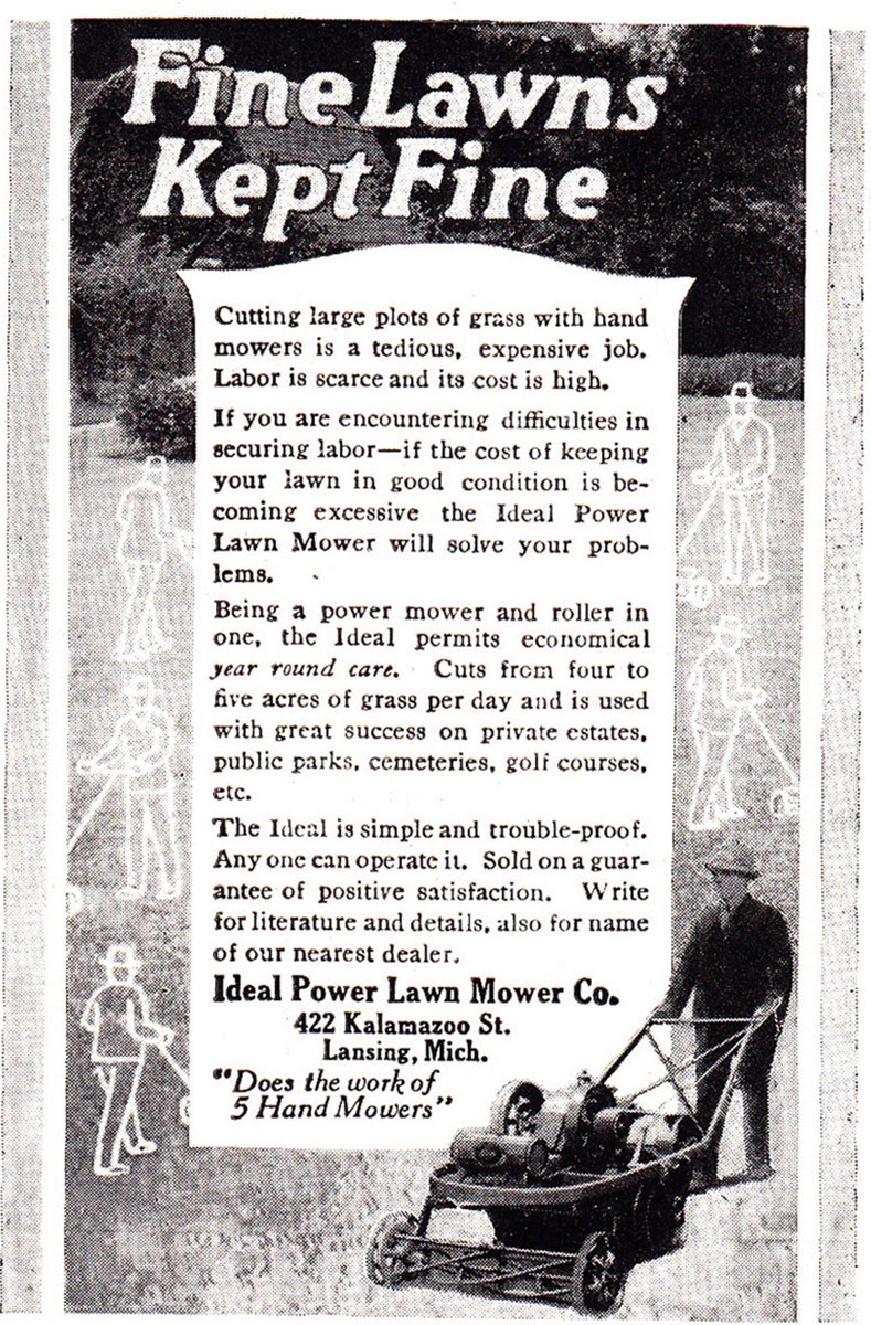 1920 Ideal Power Lawn Mower: Fine Lawns Kept Fine Vintage Print Ad