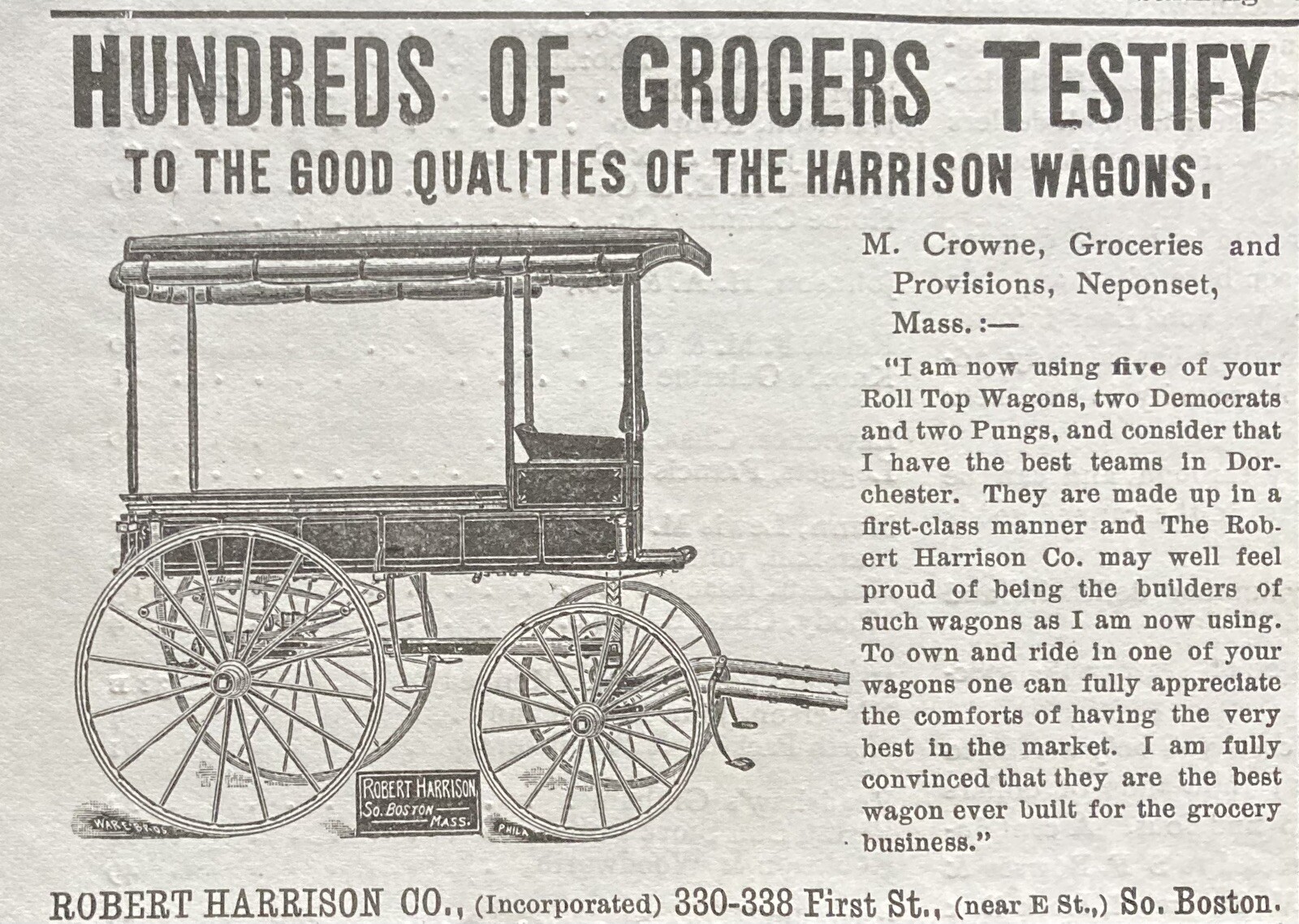 1899 AD.(XH63)~ROBERT HARRISON CO. SO. BOSTON. HARRISON GROCERY DELIVERY WAGONS~