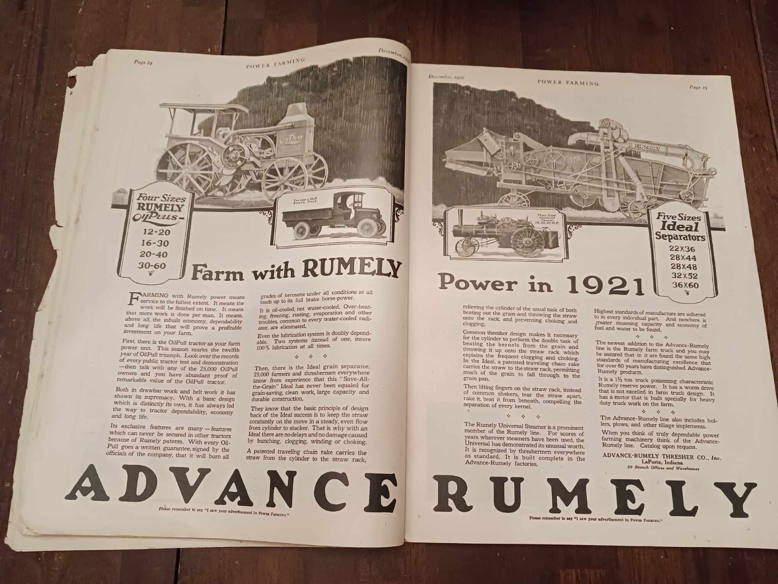 Vintage Magazine Power Farming December 1920 Holt Caterpillar Ad Photos Tractor