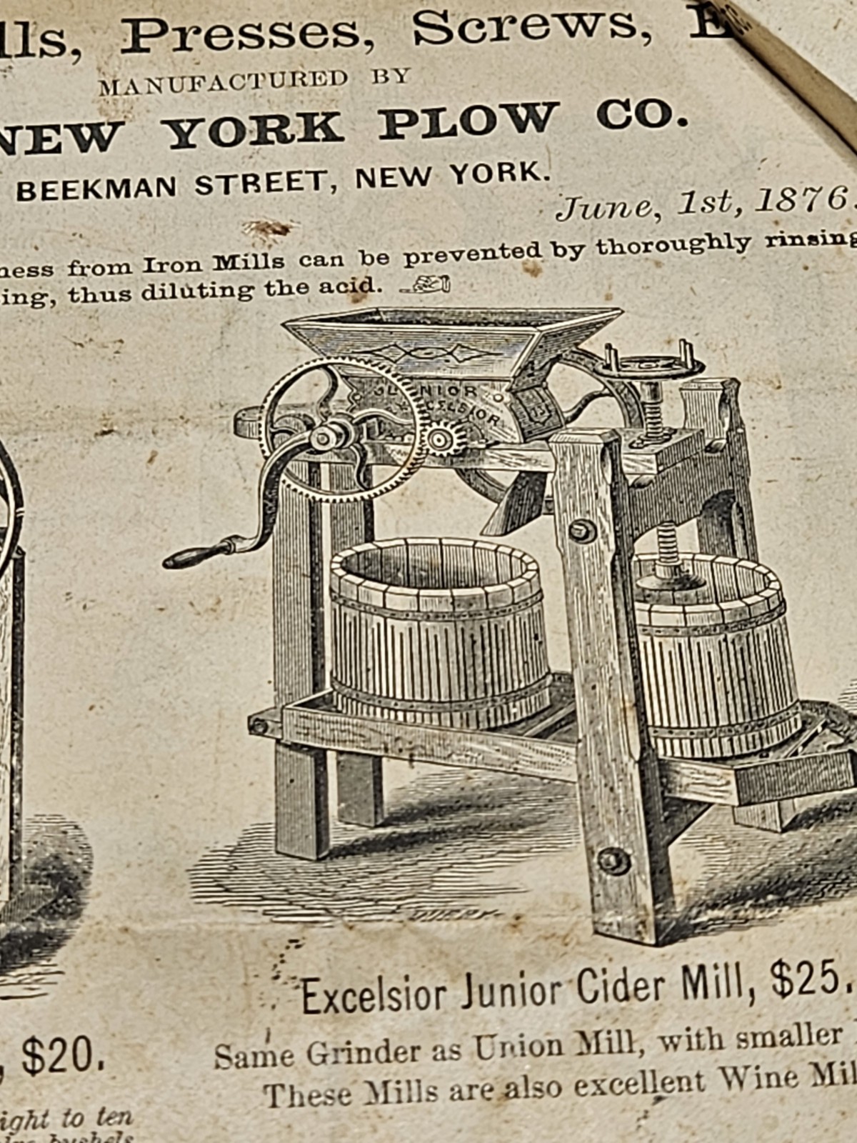 1876 New York Plow Cider Mill Presses Screws Brochure