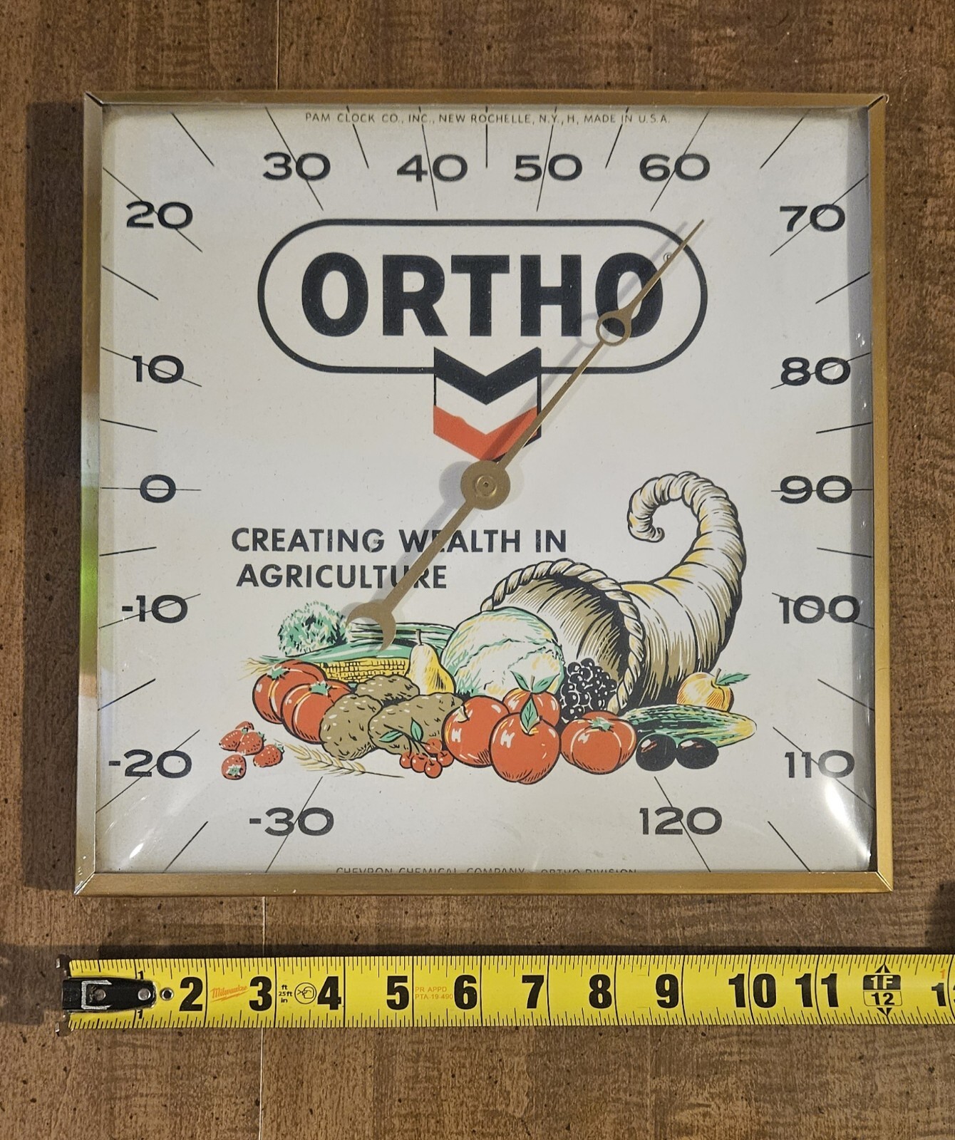 Vintage Pam Clock Co. Thermometer “ORTHO” Chevron (Rochelle, NY) USA Advertising