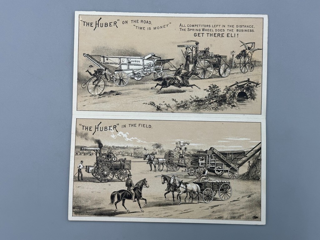 1880s HUBER ENGINE Farm THRESHER Advertise 4-Panel Folding Trade Card MARION OH