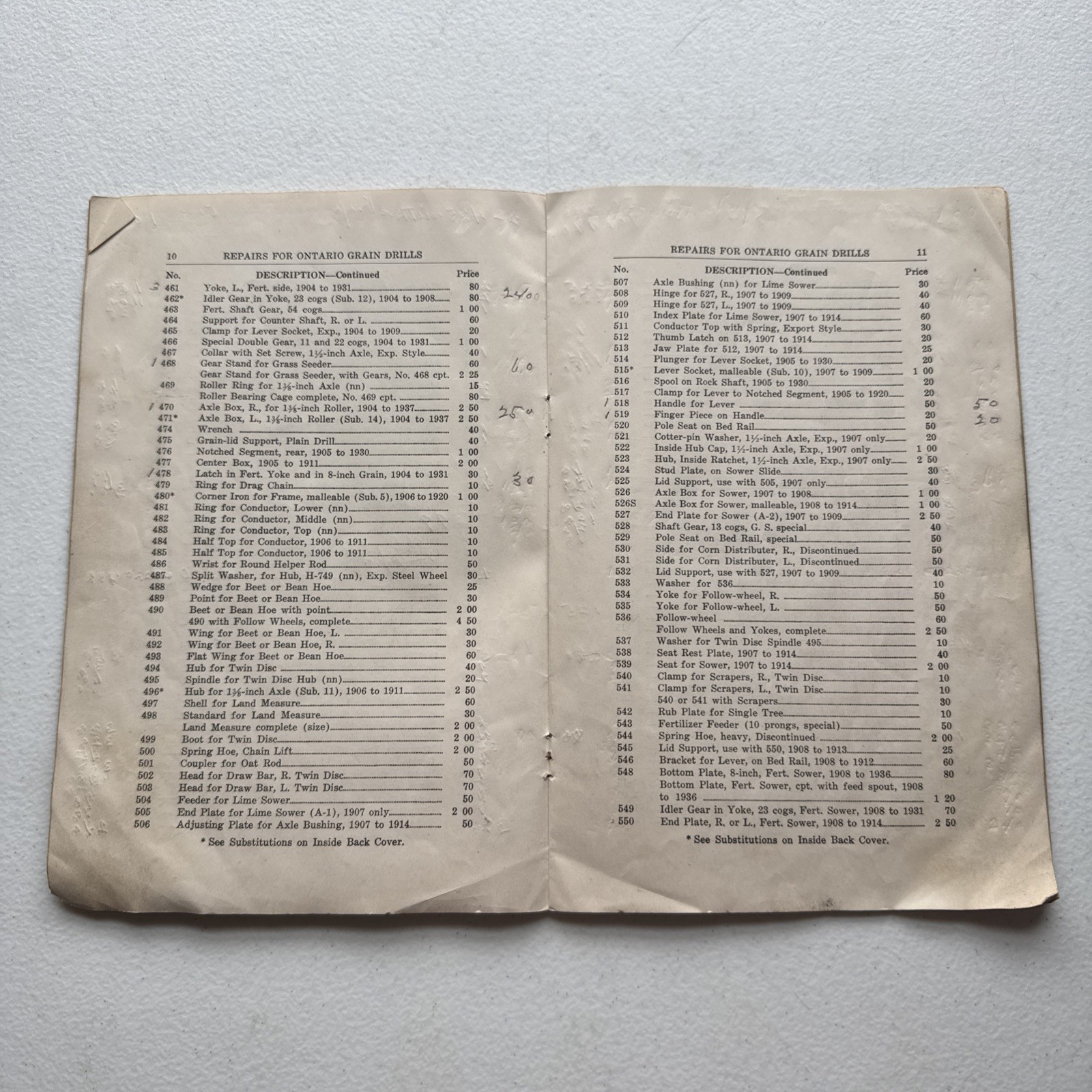 Ontario Drill Co. No. 39 Grain Drills Price List Of Repairs East Rochester, NY