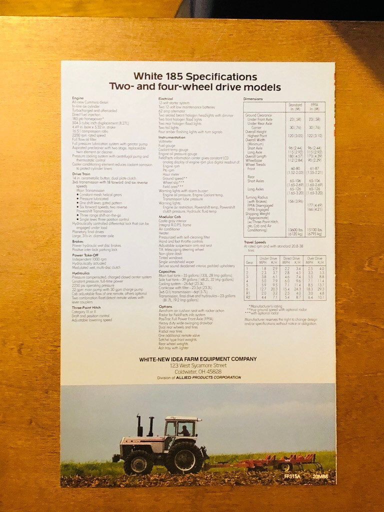 1988 White 185 PTO HP Tractors Specifications Brochure 5 1/2″ x 8 1/2″