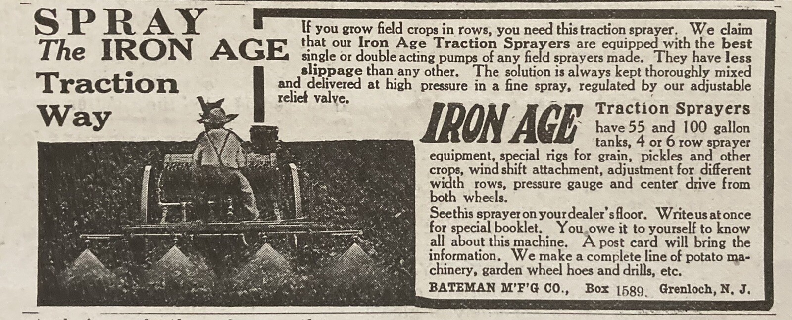 1912 AD(XH26)~BATEMAN MFG. CO. GRENLOCH, NJ. IRON AGE TRACTION SPRAYERS