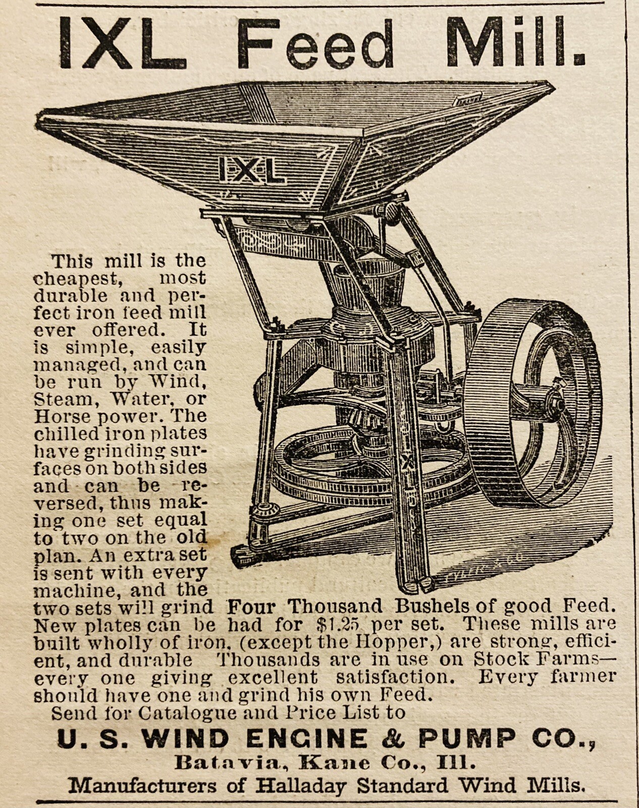 1877 AD.(XH79)~U.S. WIND ENGINE PUMP CO. BATAVIA, ILL. IXL FEED MILL