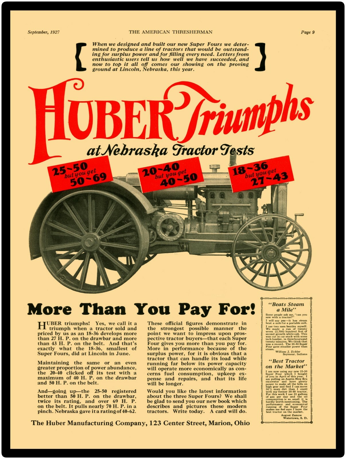 1927 Huber Super Four 4 Tractor, Model 18-36 New Metal Sign: Nebraska 9″ x 12″