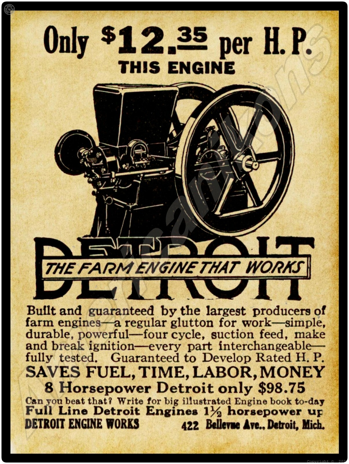 1916 Detroit Engine Works Gas Engines New Metal Sign: Detroit Michigan