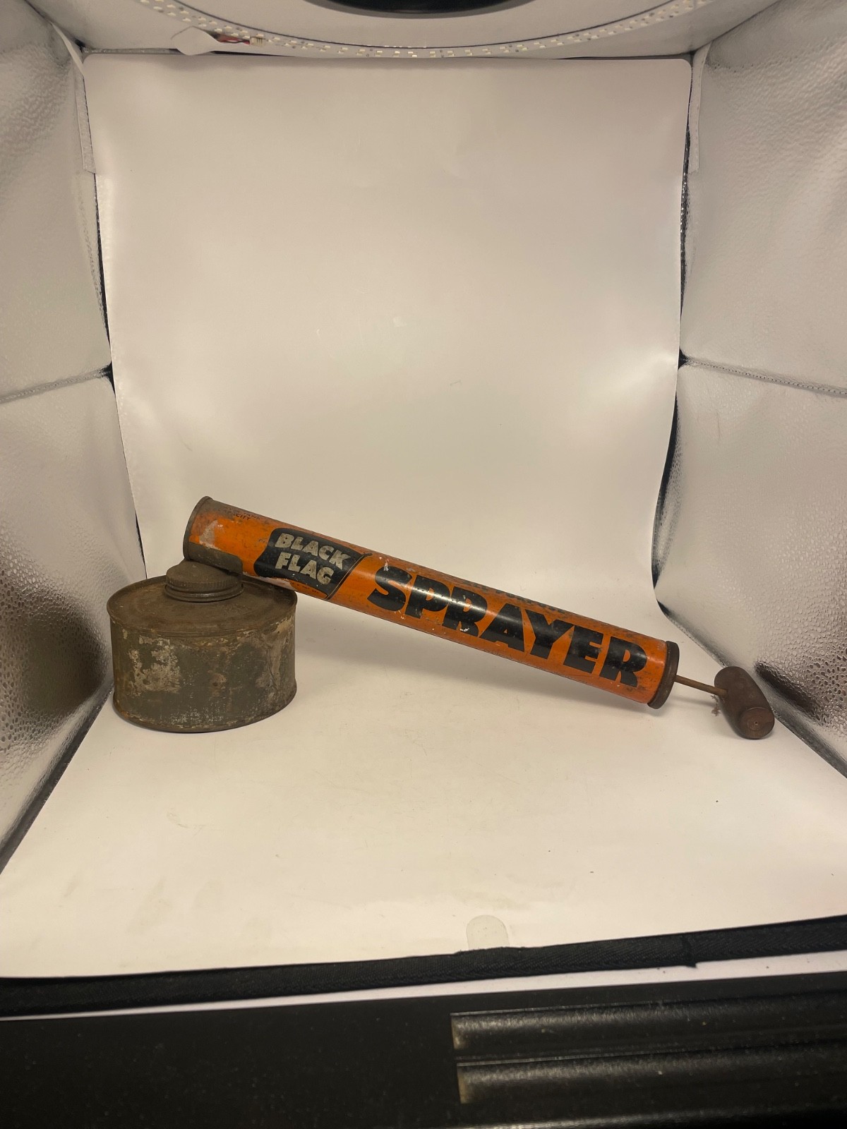 Vintage 1940’s Black Flag Tin Bug Pump Sprayer Metal Canister & Wooden Handle