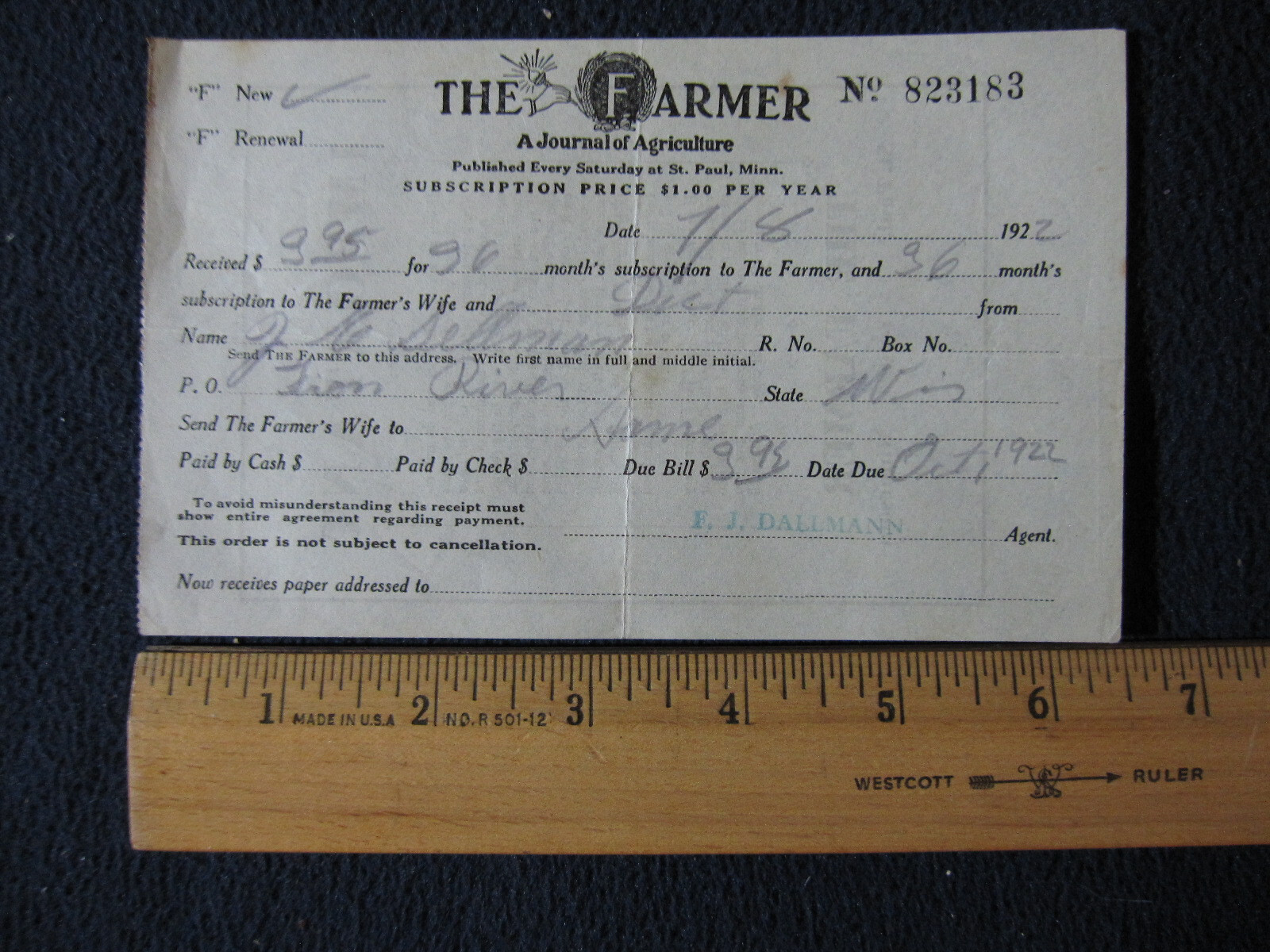 1922 The Farmer Journal of Agriculture Subscription Receipt (and Farmer’s Wife)