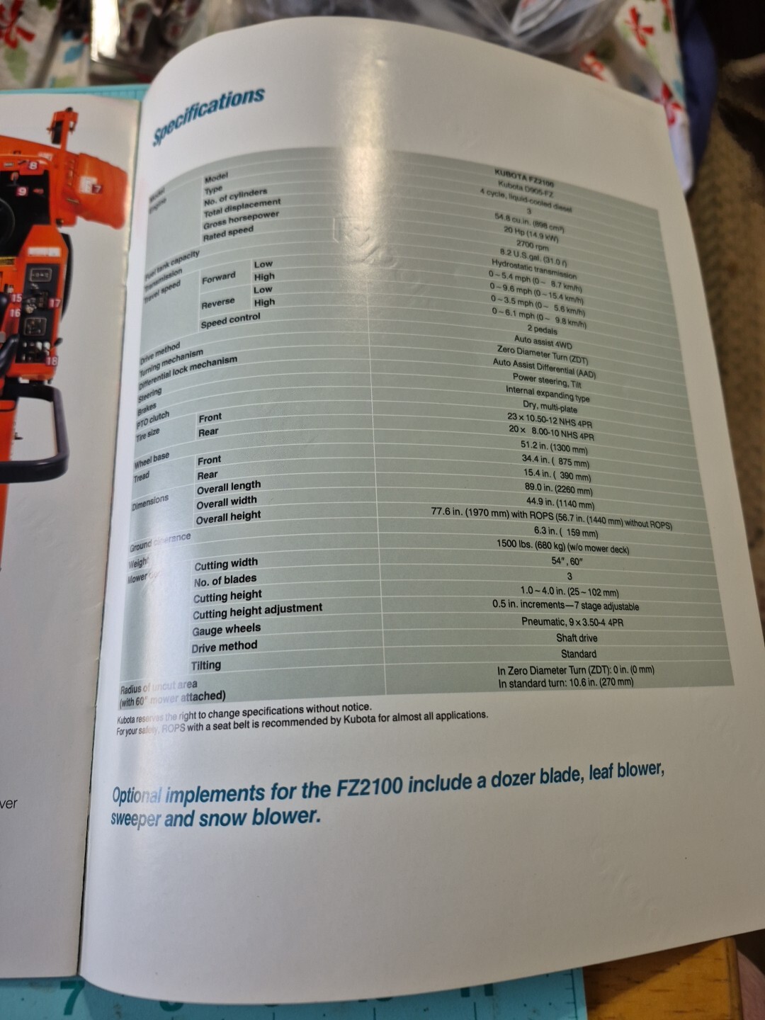 1991 Kubota FZ2100 Zero Turn 4wd Mower Brochure