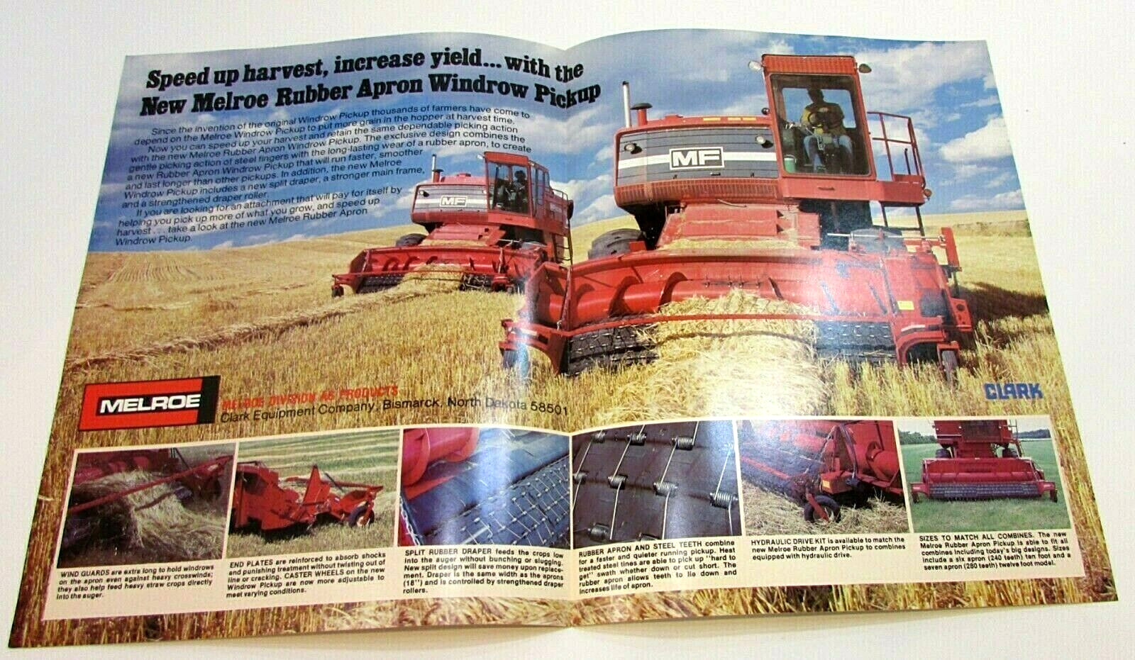 New Vintage 1978 Melroe Rubber Apron Windrow Pickup MF Combine Brochure