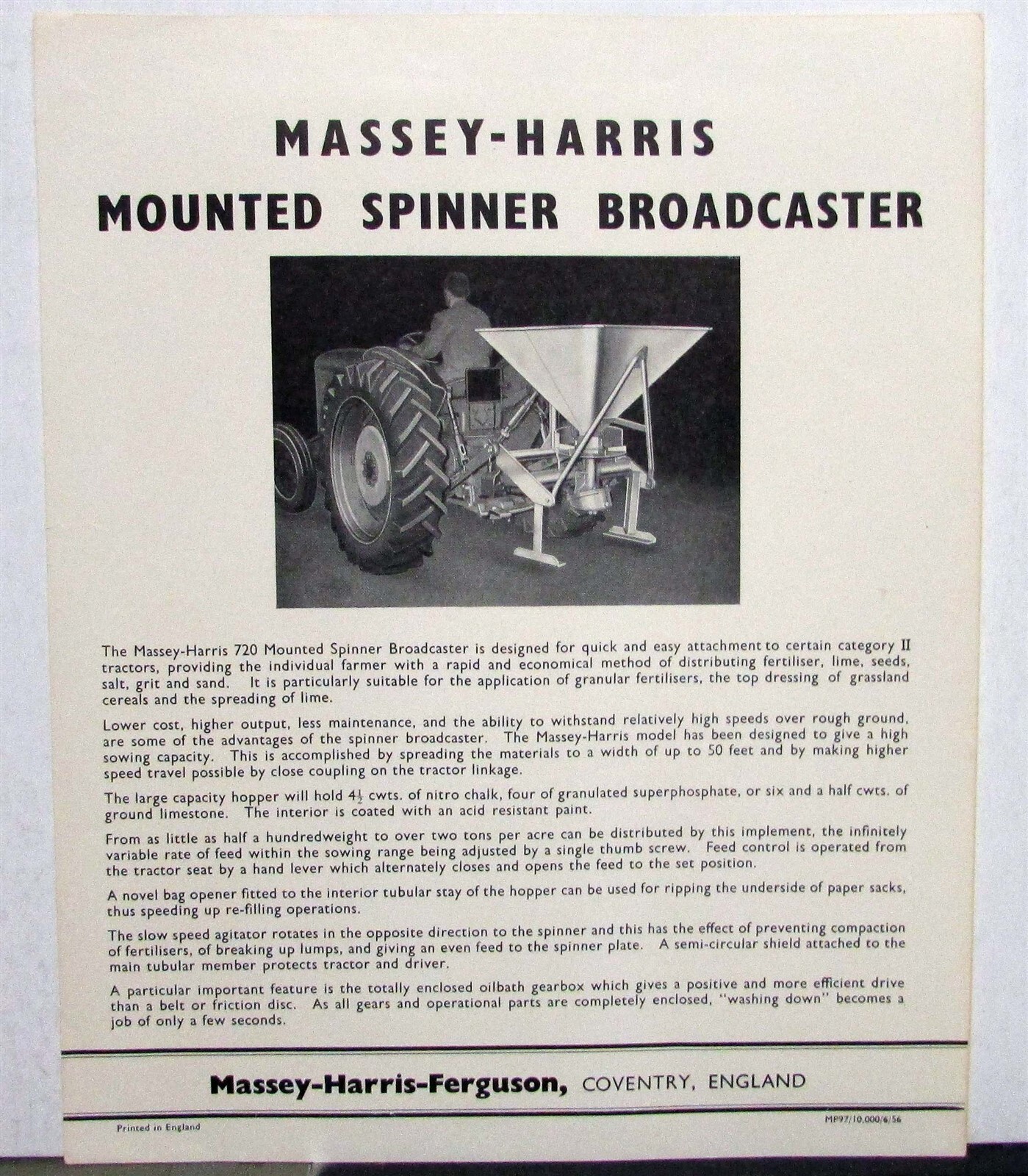 1950s Massey Harris Mounted Spinner Broadcaster Specs Agricultural Data Sheet
