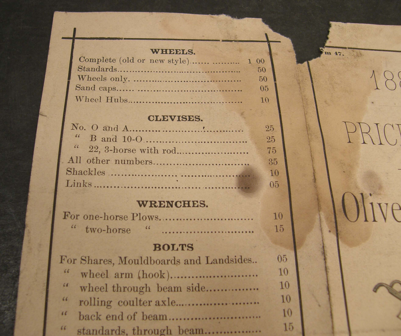 ANTIQUE 1883 PRICE LIST OLIVER AGRICULTURAL PLOW WORKS SOUTH BEND INDIANA