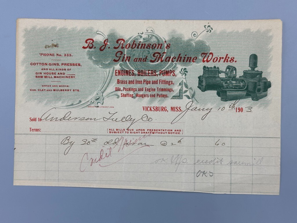 1903 Robinson’s COTTON GIN Machine ENGINES Bill FARM Advertising VICKSBURG MS