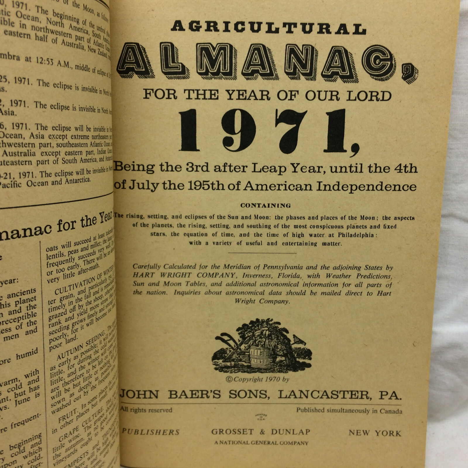Vintage 1971 Baer’s Agricultural Almanac Lancaster, PA