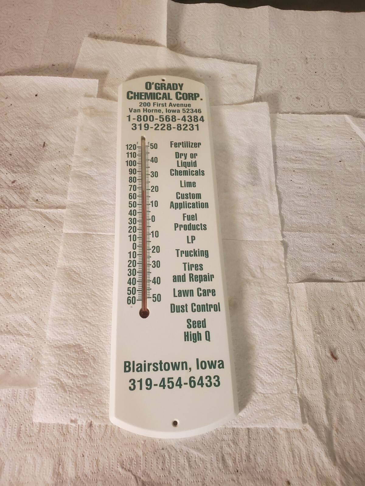 20″ Plastic Thermometer O’Grady Chemical Van Horne Blairstown Iowa Farm Seed