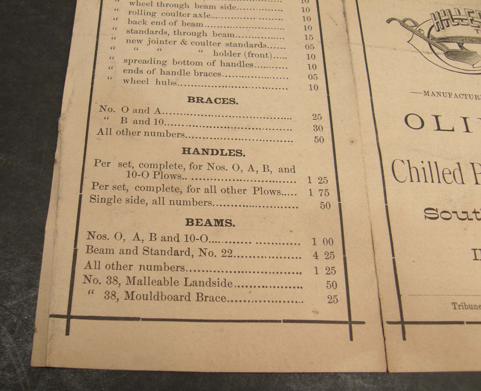 ANTIQUE 1883 PRICE LIST OLIVER AGRICULTURAL PLOW WORKS SOUTH BEND INDIANA