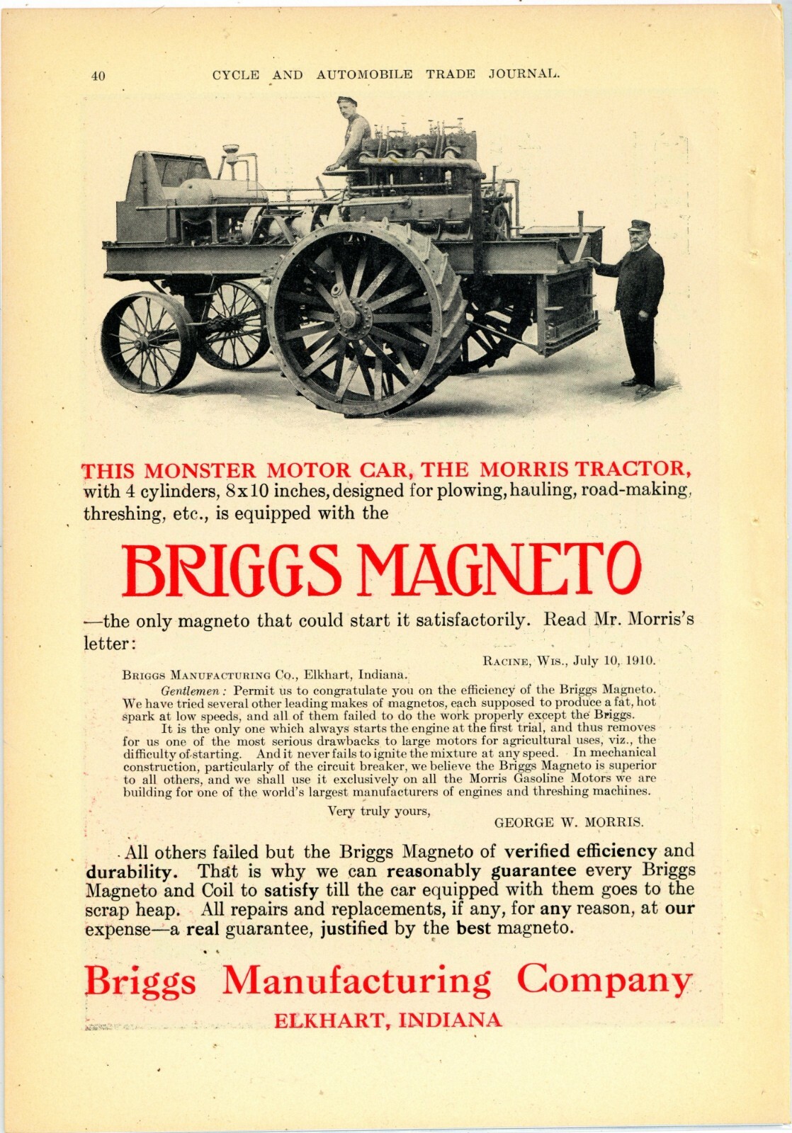 1910 Briggs Magneto Ad: Morris Monster Tractor Pictured – Elkhart, Indiana