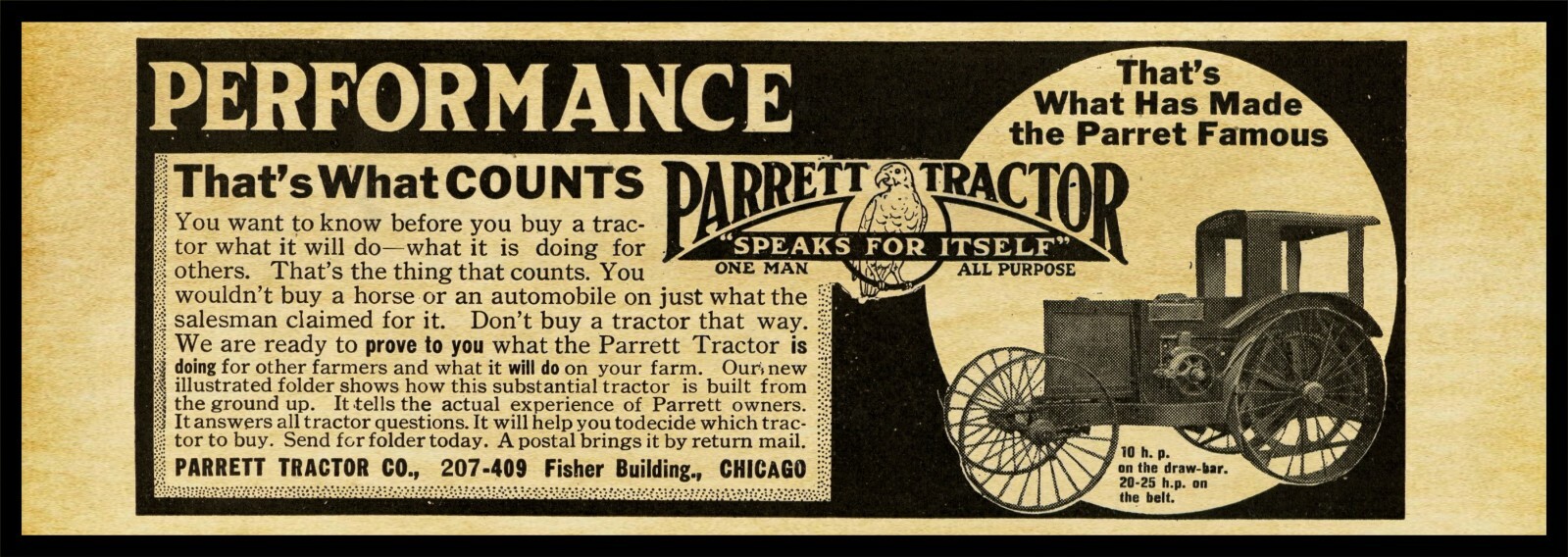1916 Parrett Tractors of Chicago, Illinois New Metal Sign: 6″ x 18″ Long