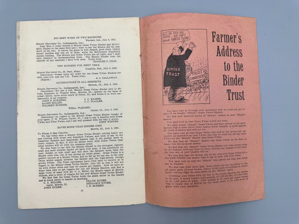 1903 MINNIE HARVESTER – INDIANAPOLIS IN Advertising AMERICAN FARM v Binder Trust