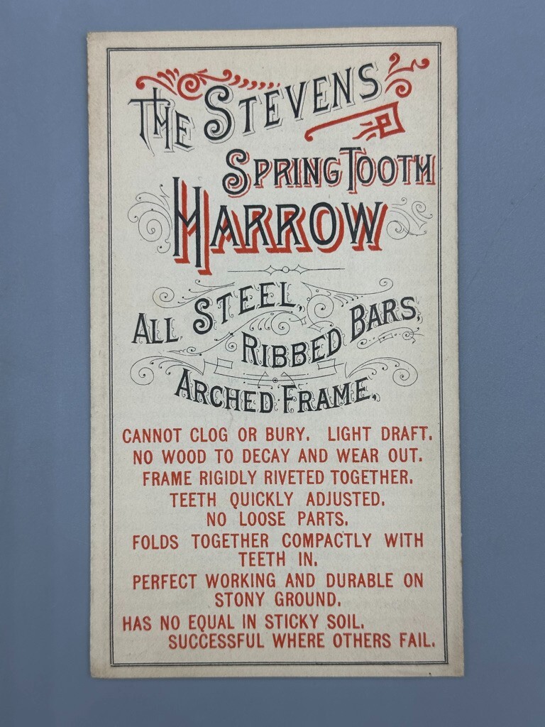 1880s STEVENS HARROW Farm Victorian Folding Advertising Trade Card AUBURN NY