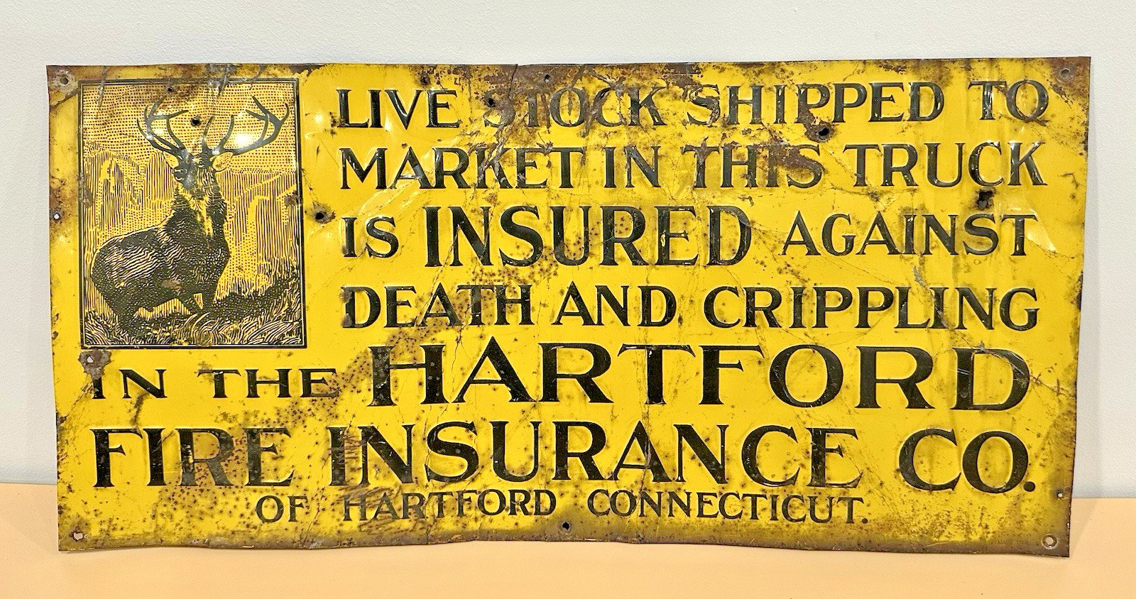 Vintage Hartford Fire Insurance Live Stock Market Metal Sign 23 1/2″ X 11 1/4″
