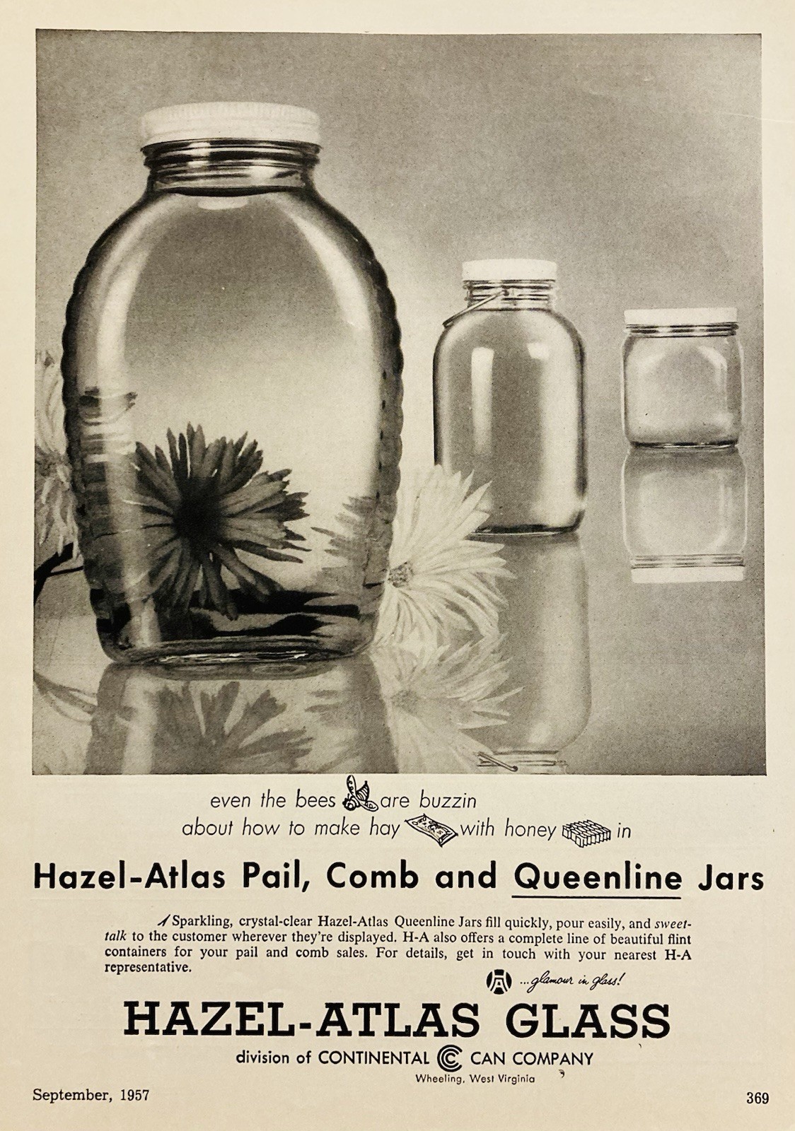 1957 AD.(XH87)~HAZEL-ATLAS GLASS CO. WHEELING, W.VA. QUEENLINE HONEY JARS