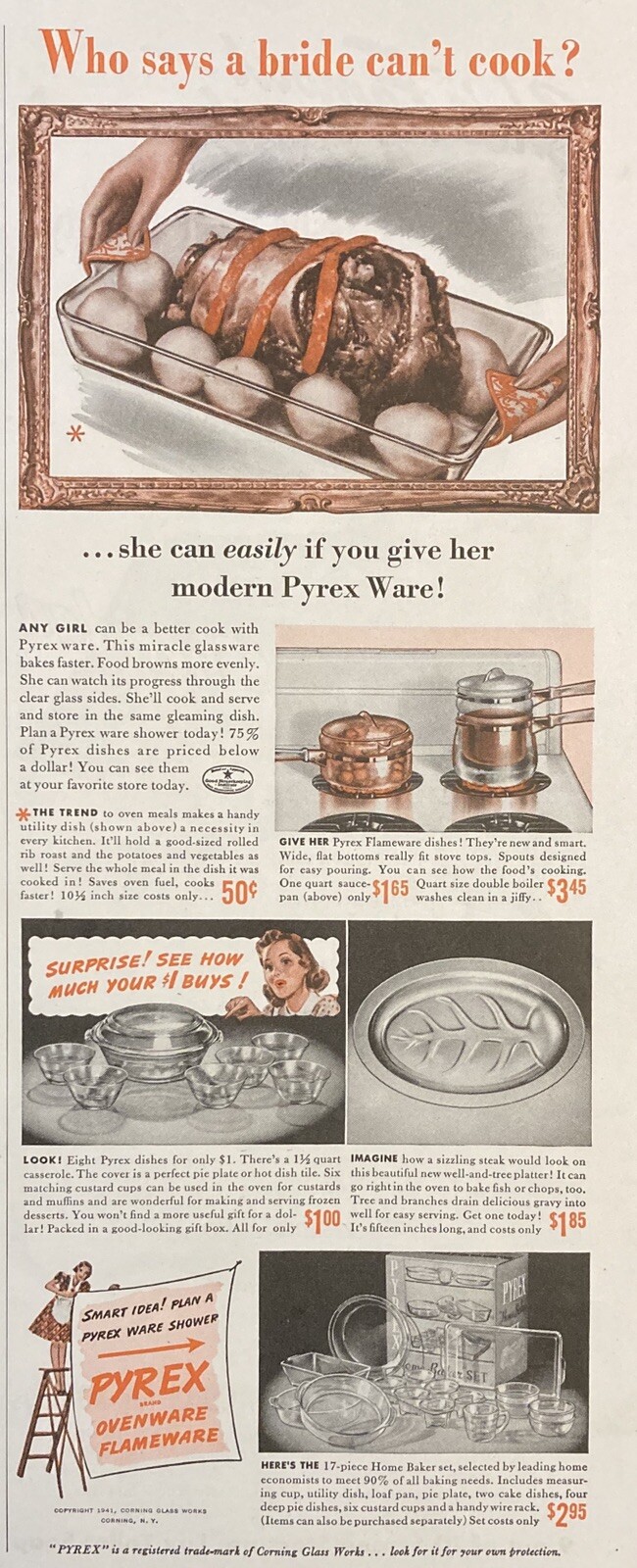 1941 AD.(XF20)~CORNING GLASS WORKS. PYREX OVENWARE FLAMEWARE